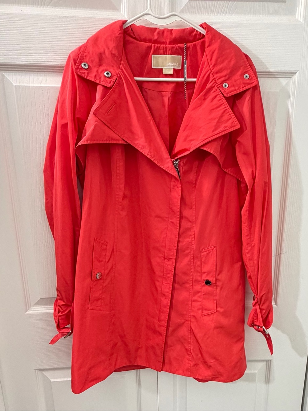 Michael Kors Womens Size M Orange Red Hooded Trench Coat Rain Jacket Lightweight